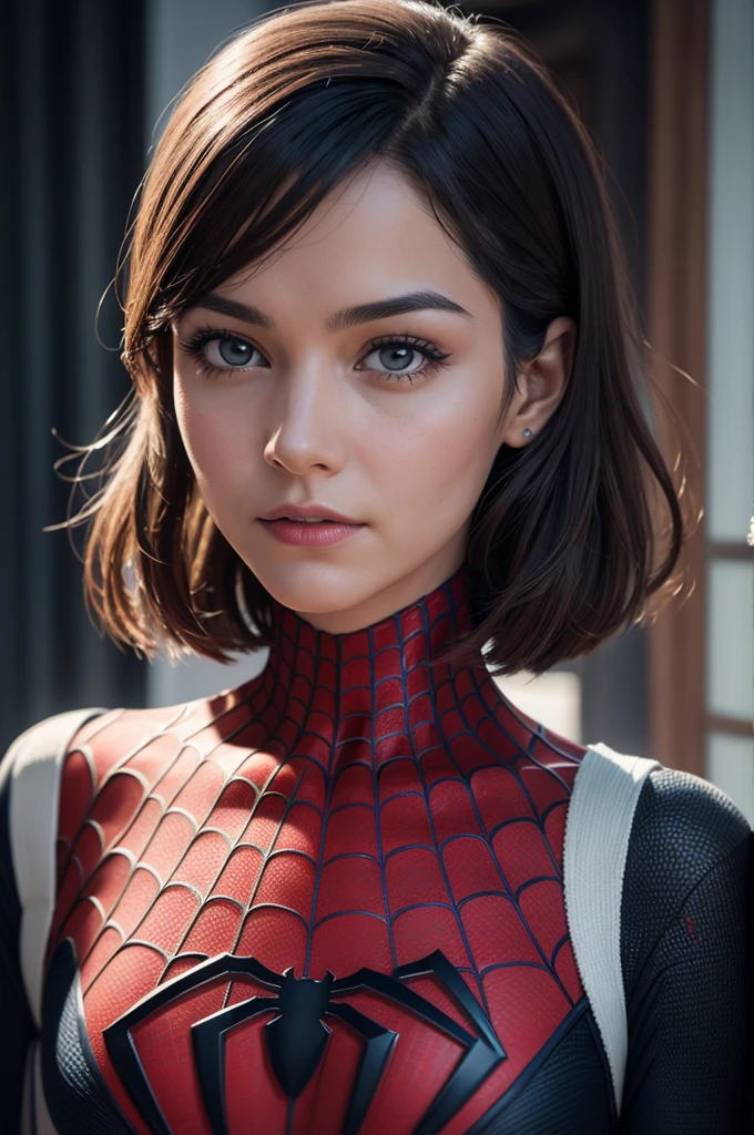 A photograph of Spider-Man, without mask, the 20s, bonitas, face detailed, looking at the camera, portraite, 8k hd, high qualiy