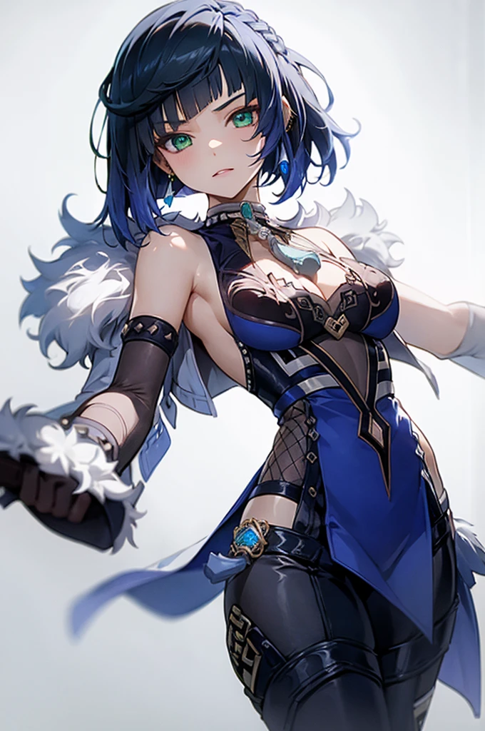 masterpiece, best quality,   1girl,vision \(genshin impact\),yelan \(genshin impact\), blue hair,short hair,  green eyes,earrings,dice,jewelry,neck ring,mismatched gloves, , cleavage cutout,fur-trimmed jacket,  jacket on shoulders, bare shoulders, dice, dress,  tassel, mole on breast, tight pants,pelvic curtain, single elbow glove,sleeveless, bracelet, pants,grey background,