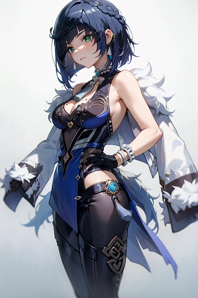 masterpiece, best quality,   1girl,vision \(genshin impact\),yelan \(genshin impact\), blue hair,short hair,  green eyes,earrings,dice,jewelry,neck ring,mismatched gloves, , cleavage cutout,fur-trimmed jacket,  jacket on shoulders, bare shoulders, dice, dress,  tassel, mole on breast, tight pants,pelvic curtain, single elbow glove,sleeveless, bracelet, pants,grey background,