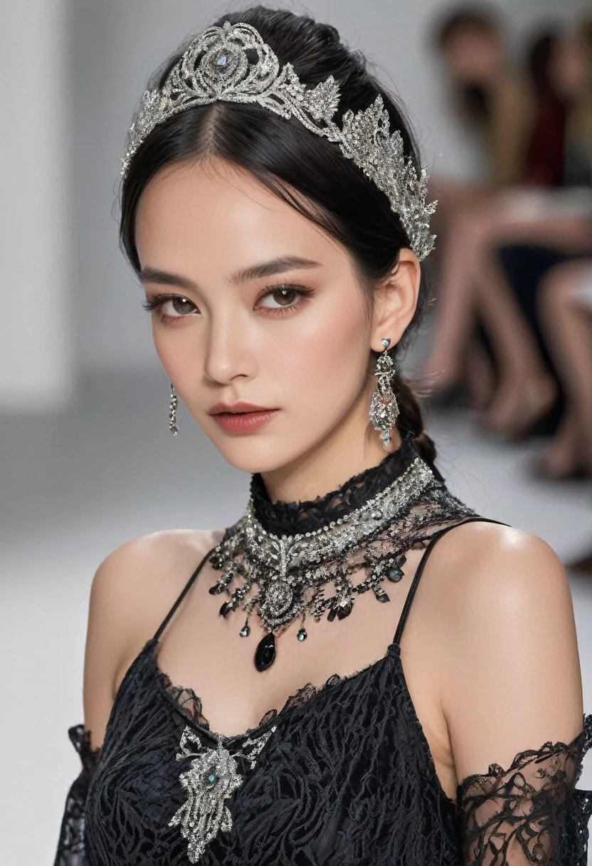 **Personality**: -Kazakh Elegant and mysterious. - Very technical and precise in singing.. - Somewhat reserved, but with a magnetic presence on stage. **hair**: - Dark black and long, with small braids, decorated with beads or feathers, integration of indigenous elements. **cloth**: **1. Stylish gothic clothes:** - **Long black velvet dresses**: with lace details y corsés ajustados que resaltan su figura. Dresses can have long and flared sleeves., and cutouts, decorated with lace. - **Long layers**: Velvet or silk, with a sweatshirt, decorated with fine embroidery with local motifs.. **2. accessories:** - **necklaces**: Silver or dark metals, with local motifs and precious stones. Некоторые necklaces можно сделать из дерева или бисера... - **Handles and rings**: Leather handles with metal and local details., large rings with dark stones. - **played**: Pequeñas tiaras o diademas con detalles de Feathers and gems, adding a mystical and elegant touch. **3. shoes:** - **high leather boots**: On high heels, decorated with buckles and lace or velvet details. They may have beautiful embroidery. **4. draw up:** - **smoky eyes**: With dark shades, Silver & Gold. Intense eyeliner and long eyelashes. - **dark lips**: In burgundy tones, black or dark red, highlighting your features. **5. Additional details:** - **lace gloves**: Elbow length, decorated with small embroidery or beads. - **played y peinetas**: with lace details, Feathers and gems, which complement the braids. - **local embroidery**: In dresses and capes, integrated in a subtle and elegant way
