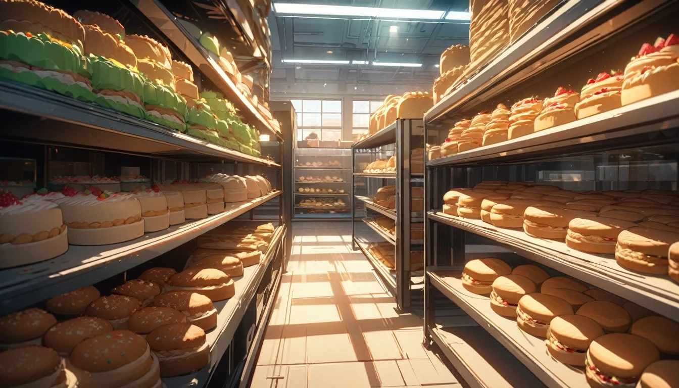 shop of cakes, bakery, no people, empty shop, great lighting, bloom, super detailed, super fine, highres, colorful, masterpiece, HD, 4K, 8K, masterpiece, clean lineart, clean anime outlines, best quality, high quality, high details, super detail, best quality, ultra-detailed, dynamic lighting,