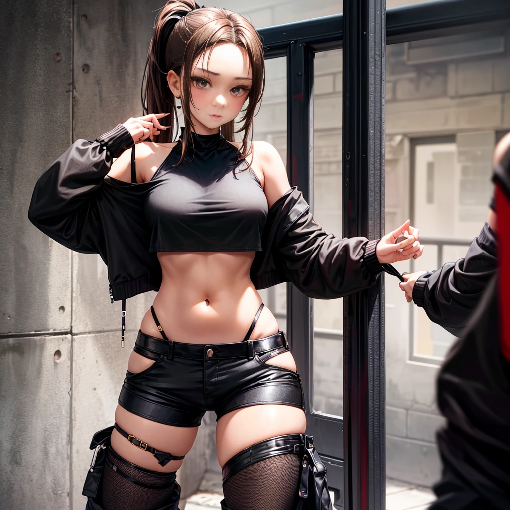 cute, sexy, girl, brown hair, ponytail, black crop top, tall, long legs, sexy legs, black shorts, belly button, hot, sexy, whore, slut, 1girl, solo, alone, city, 13 years old, wearing a black jacket, off shoulder black jacket,