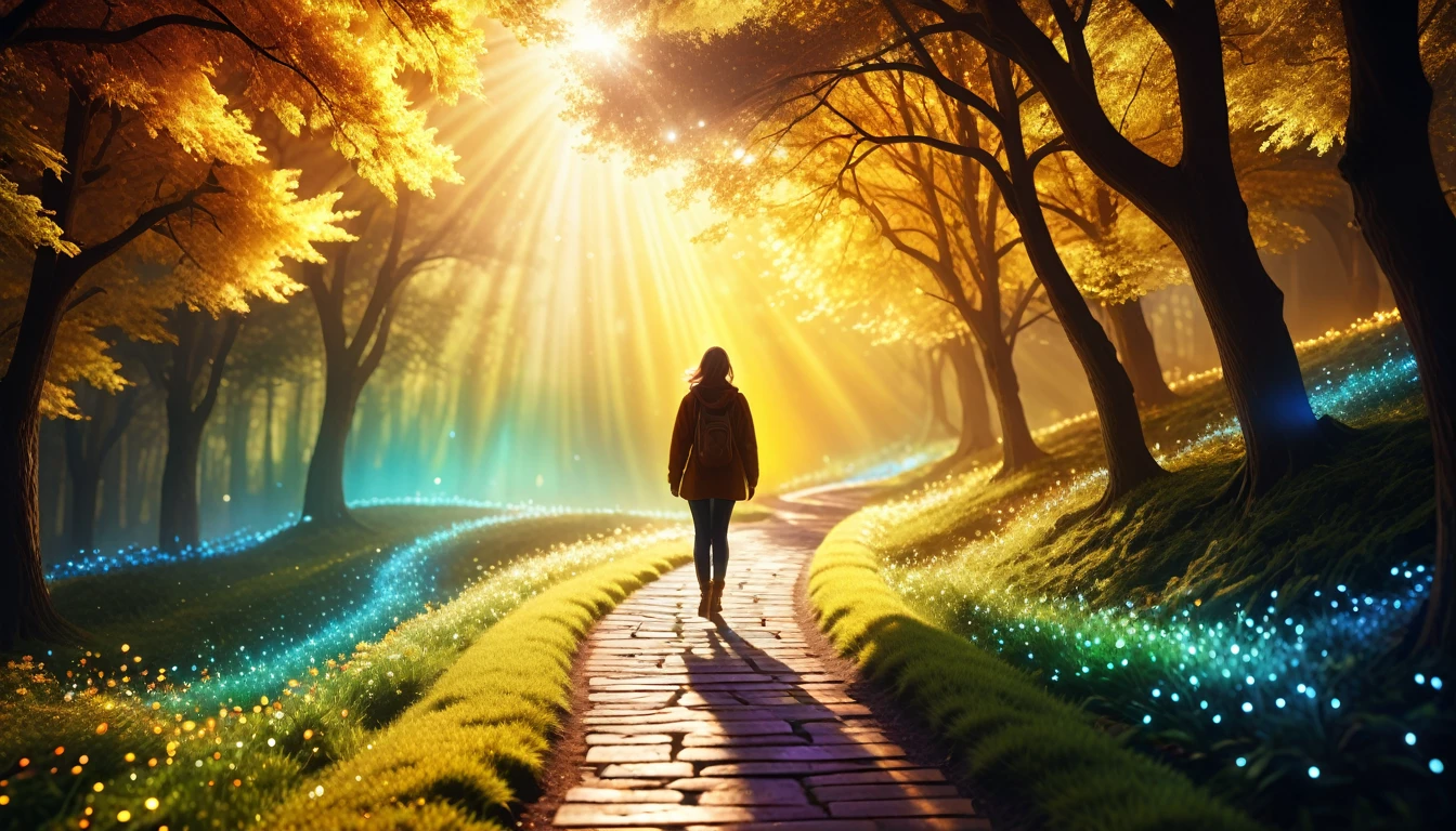 A person walking down a shining path, The Mysterious Path, Super detailed, 8K resolution, High Contrast. Each person is vibrant, Colorful aura brightening from left to right. The aura is translucent and mixed. The path curves from bottom left to top right. big, Golden "180°" The symbol appears prominently in the top left corner. soft, Dreamy lighting. A realistic style with a touch of fantasy. Depth of Field Effect.