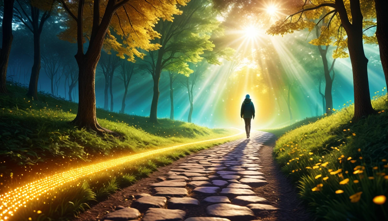 A person walking down a shining path, The Mysterious Path, Super detailed, 8K resolution, High Contrast. Each person is vibrant, Colorful aura brightening from left to right. The aura is translucent and mixed. The path curves from bottom left to top right. big, Golden "180°" The symbol appears prominently in the top left corner. soft, Dreamy lighting. A realistic style with a touch of fantasy. Depth of Field Effect.