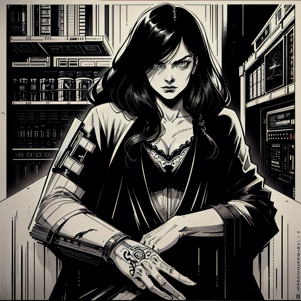 TheOldShadowrunStyles, woman in a dark bar, sexy, holding gun, decker with keyboard, hacking, looking cool