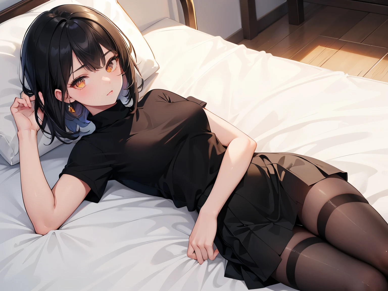 Digital Art, Digital Illustration, Ultra-detailed, beautiful image, Sharp Image, a close up of a woman in a short skirt and a black t-shirtr, shirt tucked into skirt, nylon tights, trending at cgstation, anime barbie doll, sweater tucked into skirt, trending on cgstation, anime vtuber full body model, ((black hair color)),((dark tanned skin)), (((golden eyes))), (), (round breasts), on bed