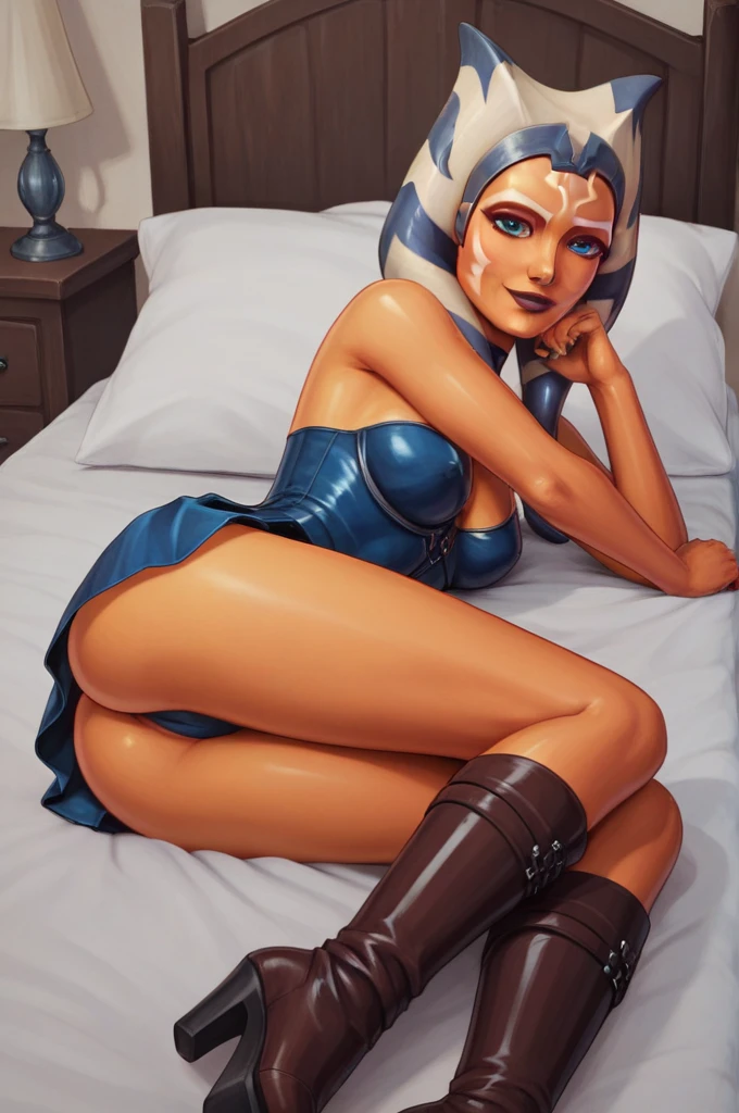 score_9, score_8_up, score_7_up, score_6_up, score_5_up, score_4_up, AhsokaTanoXL wearing latex seductive lingerie, blue eyes, tentacle hair, orange skin, colored skin, facial mark, medium breasts, blue dress, skirt, blue pants, bare shoulders, guantlets, hip armor, skirt,blue pants, brown boots, solo, lying on bed in her lingerie, nude ,seductive smile, looking at viewer, indoors 