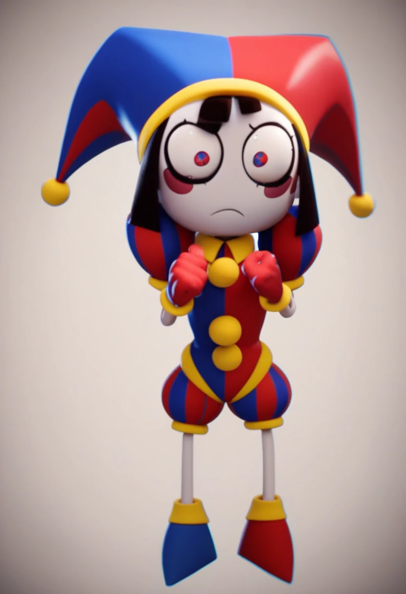 pomni, 1girl, solo, circus background red eyes, gloves, hat, closed mouth, short sleeves, puffy sleeves, puffy short sleeves, frown blush stickers, red gloves, clenched hands, facepaint, jester cap, 3d, source wide eyed, full body