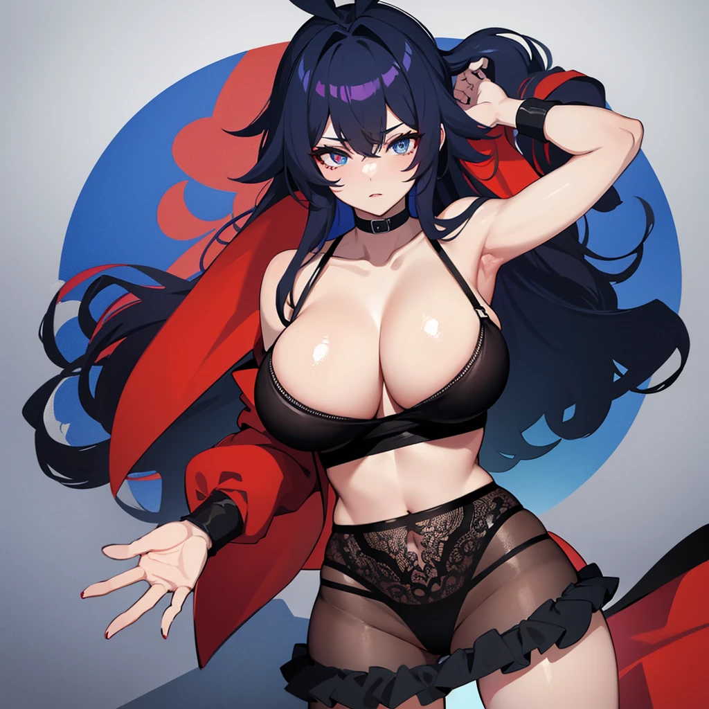 Big colored hair girl,with one red eye and one blue eye,with black lingerie,with athletic body with big and big ass