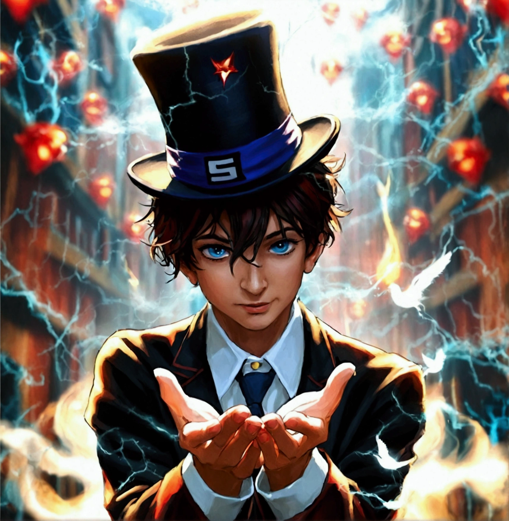 I need a magician(naughty man) with hands together at the center of the body as if showing something,with the top hat covering your face, while energy comes out over your hands and there are small demons watching from behind your shoulder and flying over the region