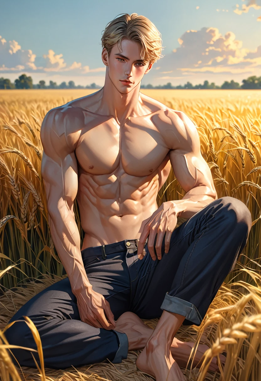 1 super hot and sexy fullbody man sitting on the ground in ain a wheat fieldof Art style of leng jun and norman rockwell Specifications, Material, ultra realistic oil painting Lighting, storbe lighting, golden hour Composition, rule ot thirds composition, Details, ultra intricate detailed Colors, intense dark color palette Angle view, fullbody, ((view from front)) Age and race, a young man, blond, His face is thin face, straight nose, thin lips, square chin, large blue light eyes, short blong, wavy hair, in roberto ferri style His body is , white skina esthetic slim athletic body, very tall, latino, realistic skin, gorgeous, realistic detailed tonned muscles, barefoot, perfect anatomy, muscled fitness body, tall, realistic skin, skinny realistic detailed muscles, He is wearing farmer pants, barefoot shirtless, He is doing the action o sitting on the grass , highlight the muscle definition perfect detailed feet, relaxed body lenguaje, relaxed face expresion. In the background, a wheat field Complements, hyper detailed scene, hd, 8k resolution, FULLBODY, 16k resolution, hd,