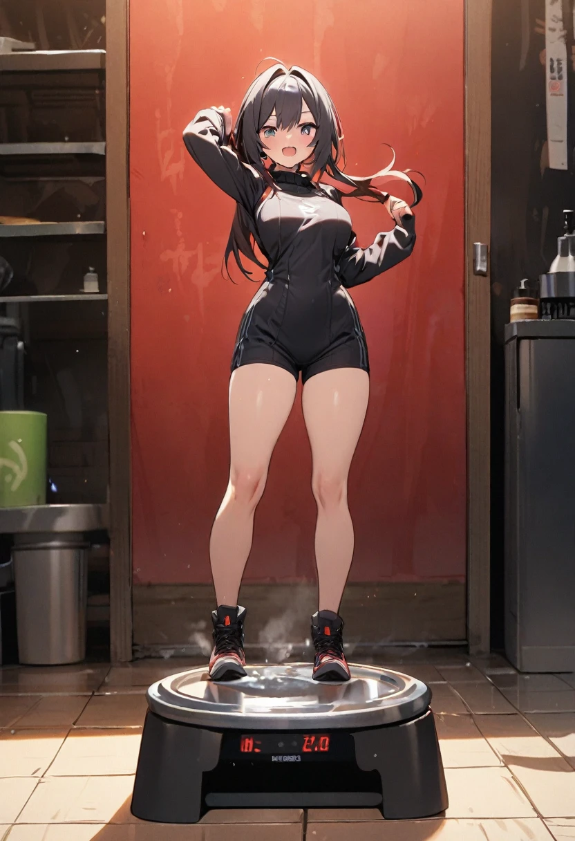 Standing on the scale and pumping one&#39;s fist、Pink Haired Girl、blue eyes
