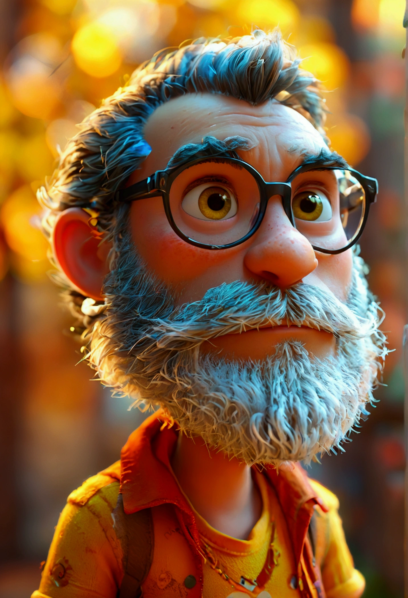 Cartoon character of a man with beard brown eyes and yellow shirt, an animated character, stylized character, animation style rendering, 3d stylized, Arnold Maya rendering, Stylized 3D rendering, toon render screenshot, 3d character, 3d character, Stylized 3D rendering, 3D character rendering, cartoon character, Personagem de close up, character posing, (Pixar-style) (master part:1.2) (bokeh) (best qualityer) (skin detailed) (detailed texture) (8K) (Argilla) (cinematic lighting) (sharp focus,Sit down and lift your upper body