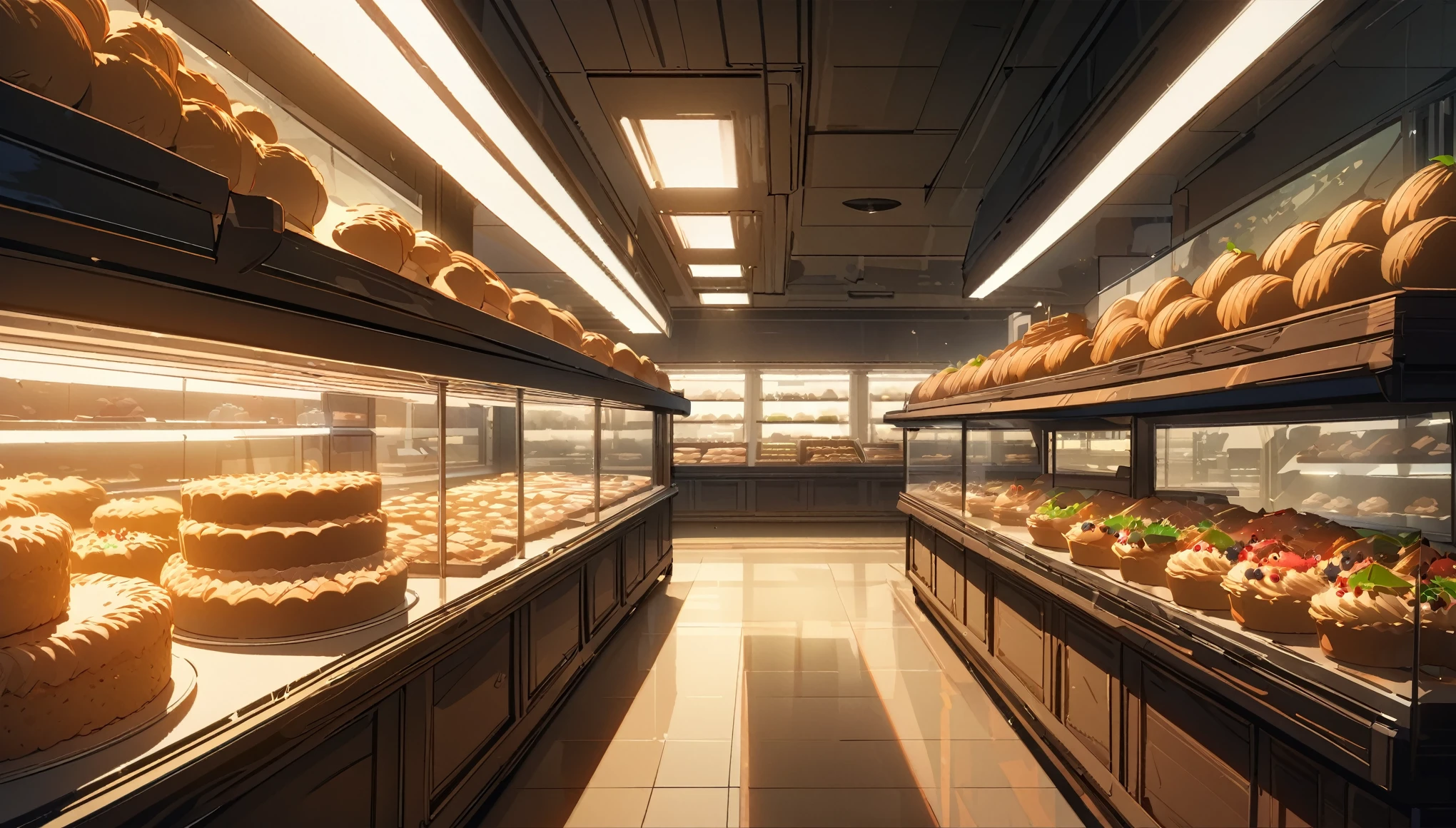 shop of cakes, bakery, no people, empty shop, great lighting, bloom, super detailed, super fine, highres, colorful, masterpiece, HD, 4K, 8K, masterpiece, clean lineart, clean anime outlines, best quality, high quality, high details, super detail, best quality, ultra-detailed, dynamic lighting,