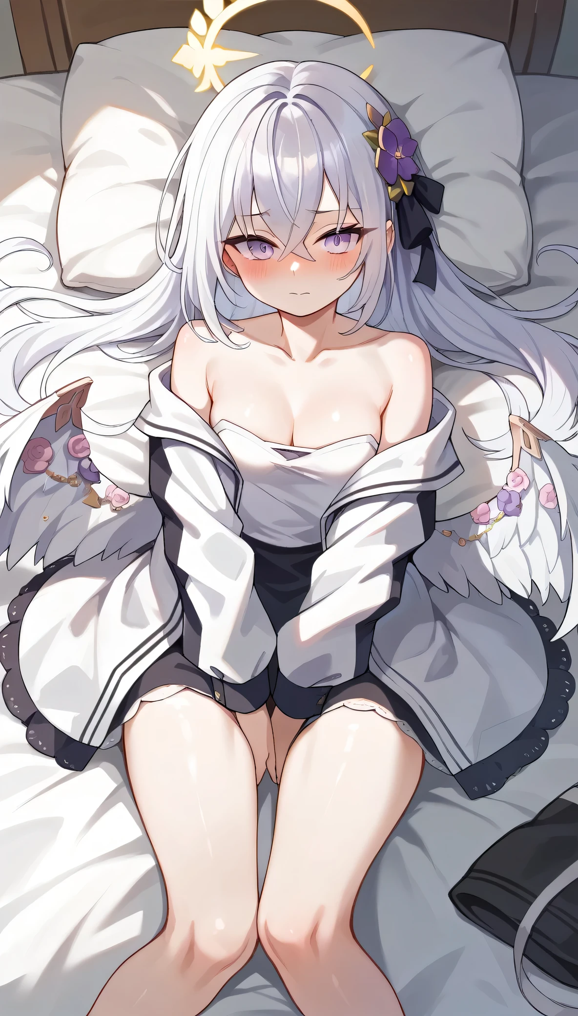  I lay on the bed with shirasu azusa and wore a thin nightdress
 
,two_wings,absurdres,Yellow_halo,white_hair,blush,cleavage,closed_mouth,halo,small_breasts,nose_blush,off_shoulder,thigh,white_shirt,best quality,purple eyes