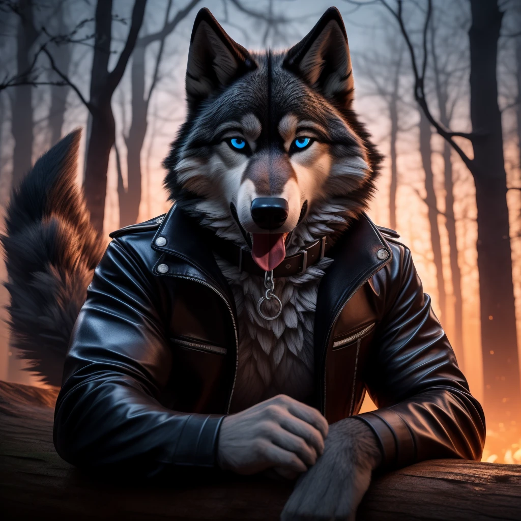 Sexy Posing, lying on log, Male, 30 years old, bedroom eye, mouth open with tongue hanging out, black leather jacket, anthro, wolf ears, (black fur:1.5), wolf, forest background, 8k, hi res, (best quality, masterpiece), (wolf tail:1.5), detailed fur, solo, looking at camera, night, leash and collar, blue eyes