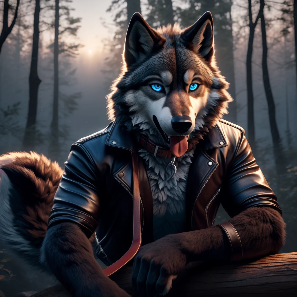 Sexy Posing, lying on log, Male, 30 years old, bedroom eye, mouth open with tongue hanging out, black leather jacket, anthro, wolf ears, (black fur:1.5), wolf, forest background, 8k, hi res, (best quality, masterpiece), (wolf tail:1.5), detailed fur, solo, looking at camera, night, leash and collar, blue eyes