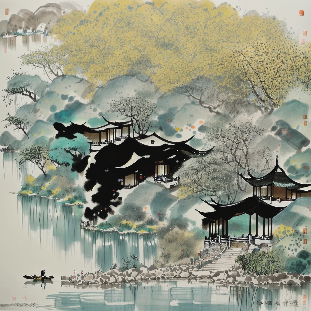 Landscape architecture，A pavilion by the water，Rich in artistic conception，Ink Painting，Chinese painting，Dense willow trees，Sparkling，Black and White