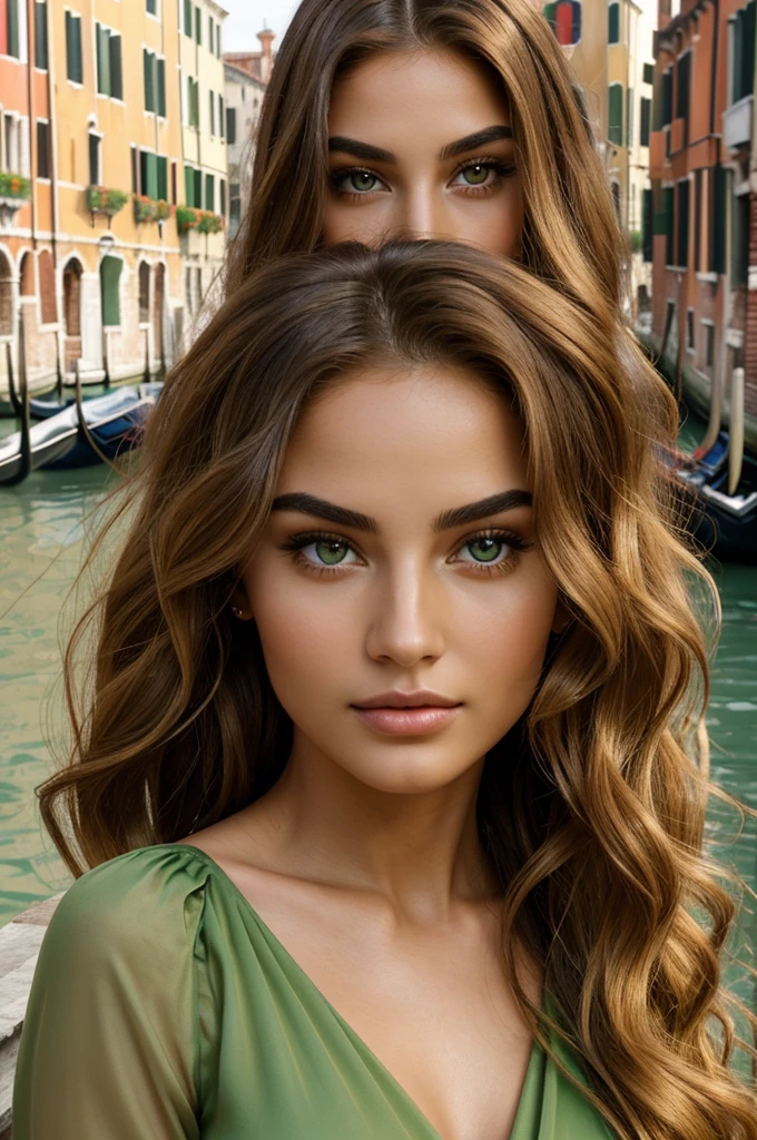 ((best quality)), ((masterpiece)), (detailed), 1girl, very beautiful face of a woman with oval face shape with arched eyebrows with light green eyes with full lips vey exotic face with beautiful features with long wavy golden brown hair with long legs in red dress with decoltee on a bridge in venice
