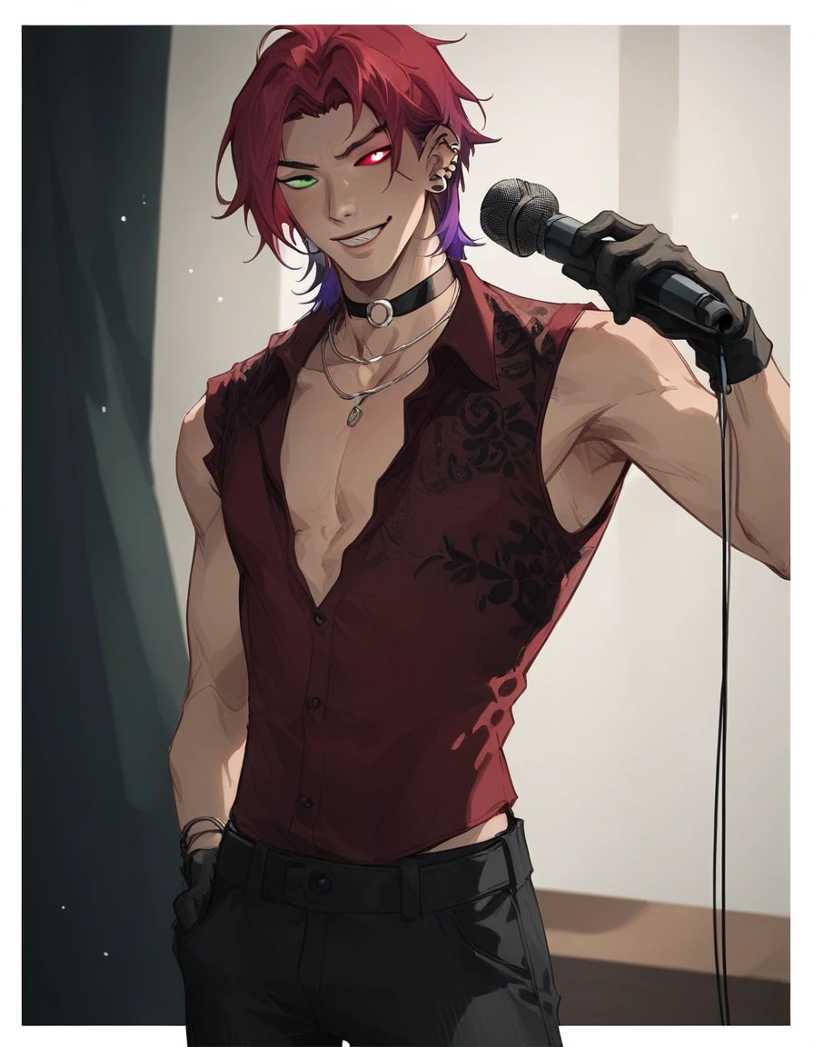 score_9, score_8_up, score_7_up, hs kayn, solo, looking at viewer, smile, shirt, red eyes, gloves, 1boy, holding, jewelry, green eyes, male focus, red hair, earrings, sleeveless, choker, black gloves, pants, necklace, parted bangs, heterochromia, black choker, black pants, piercing, pectorals, red shirt, ear piercing, microphone, o-ring, holding microphone, pectoral cleavage, 
zPDXL, singing