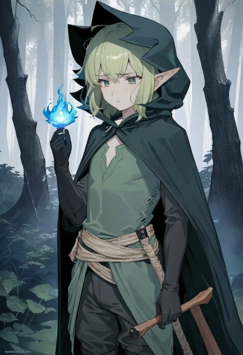 work of art, best qualityer, CG, wall-paper, hdr, high qualiy, High definition, extremely detaild,a black hood, elfo,boy, long dark blue hair, dark green eyes, In a dark forest with black fires burning the forest, sad and distant expression