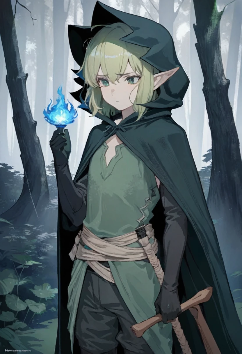 work of art, best qualityer, CG, wall-paper, hdr, high qualiy, High definition, extremely detaild,a black hood, elfo,boy, long dark blue hair, dark green eyes, In a dark forest with black fires burning the forest, sad and distant expression