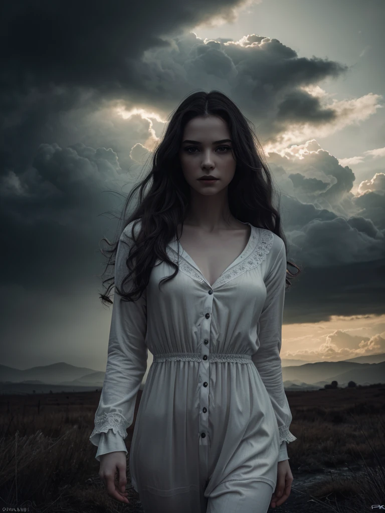 beautiful detailed eyes, beautiful detailed lips, extremely detailed eyes and face, long eyelashes, 1girl, a beautiful young vampire girl with pale skin, standing in clouds, wearing a cozy white pajama, gothic, dark clouds, dramatic lighting, moody atmosphere, dramatic colors, vivid colors, (best quality,4k,8k,highres,masterpiece:1.2),ultra-detailed,(realistic,photorealistic,photo-realistic:1.37),dramatic lighting,chiaroscuro,cinematic,mystical,ethereal,fantasy