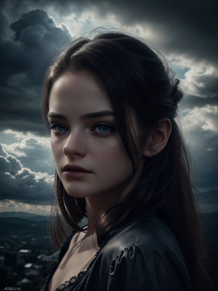 beautiful detailed eyes, beautiful detailed lips, extremely detailed eyes and face, long eyelashes, 1girl, a beautiful young vampire girl with pale skin, standing in clouds, wearing a cozy white pajama, gothic, dark clouds, dramatic lighting, moody atmosphere, dramatic colors, vivid colors, (best quality,4k,8k,highres,masterpiece:1.2),ultra-detailed,(realistic,photorealistic,photo-realistic:1.37),dramatic lighting,chiaroscuro,cinematic,mystical,ethereal,fantasy