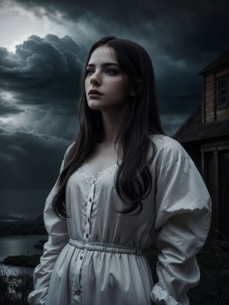 beautiful detailed eyes, beautiful detailed lips, extremely detailed eyes and face, long eyelashes, 1girl, a beautiful young vampire girl with pale skin, standing in clouds, wearing a cozy white pajama, gothic, dark clouds, dramatic lighting, moody atmosphere, dramatic colors, vivid colors, (best quality,4k,8k,highres,masterpiece:1.2),ultra-detailed,(realistic,photorealistic,photo-realistic:1.37),dramatic lighting,chiaroscuro,cinematic,mystical,ethereal,fantasy