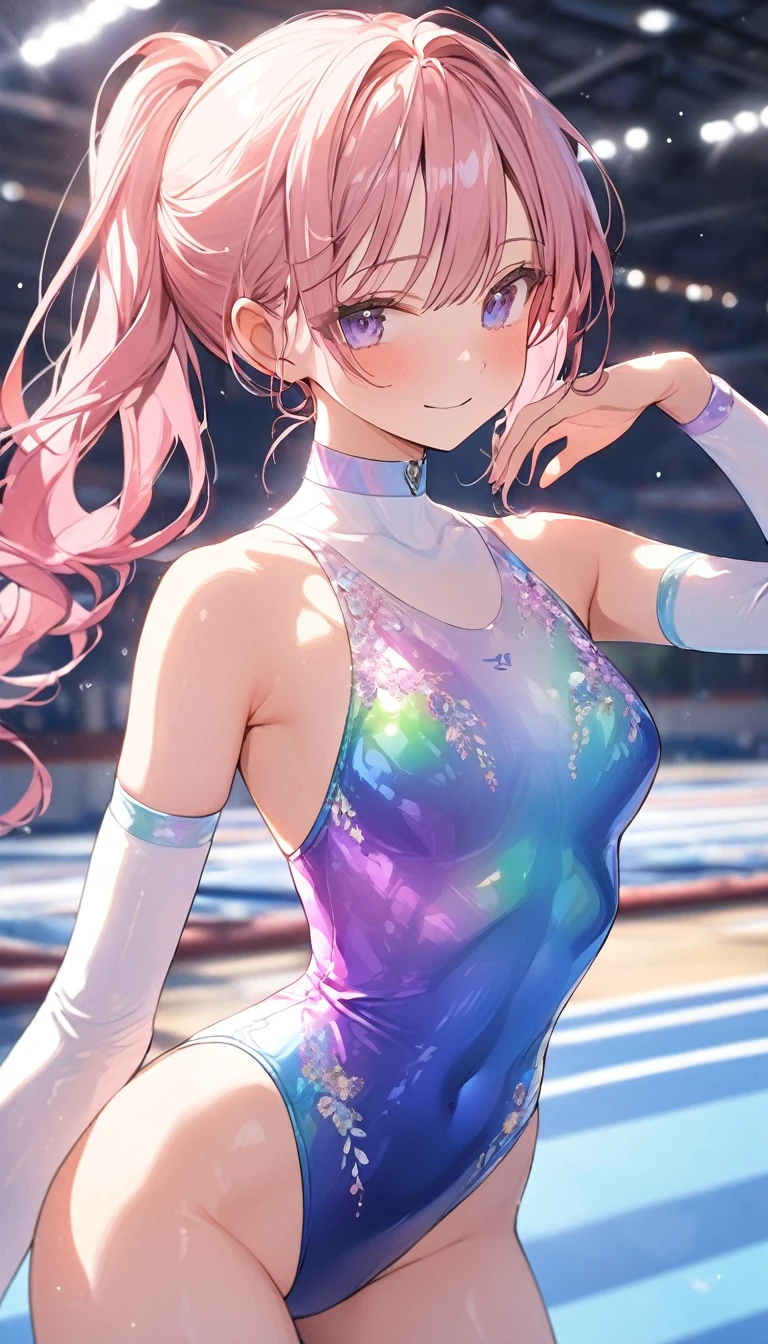 highquality illustration, masterpiece, very delicate and beautiful, attractive girl,(gymnastics leotard, Floral patterns leotard,long sleeve leotard with glittery decoration,high_leg leotard,athletic leotard,tight-fit leotard,iridescent gradient leotard,long-sleeve leotard),thin,slender body,slim,high school,gymnasium background,gymnastics club,gymnastics athlete,princess, beautiful eyes,light smile,(masterpiece, best quality:1.2), highres, extremely detailed CG unity 8k wallpaper, perfect lighting, Colourful, ultra-high res,4K,ultra-detailed, photography, 8K, HDR, 17 ages, full body,