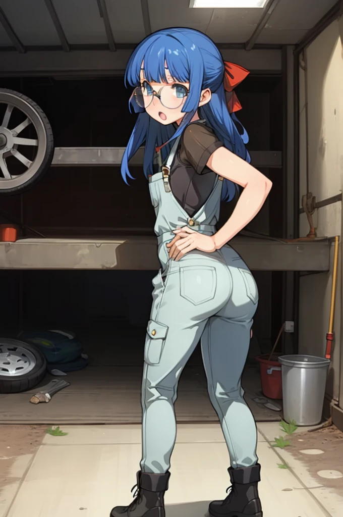 1girl, masterpiece, best quality, highly detailed, illustration, maria custard, indoors, garage, standing, overalls, from behind, looking back, ass, leaning forward, gears, mechanic, glasses, hair ribbon, :o, 