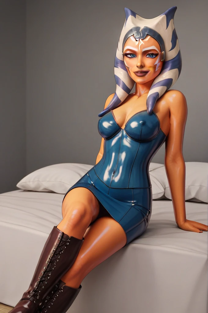 score_9, score_8_up, score_7_up, score_6_up, score_5_up, score_4_up, AhsokaTanoXL wearing latex seductive lingerie, blue eyes, tentacle hair, orange skin, colored skin, facial mark, medium breasts, blue dress, skirt, blue pants, bare shoulders, guantlets, hip armor, skirt,blue pants, brown boots, solo, seductively lying on bed in her lingerie, nude ,seductive smile, looking at viewer, indoors 