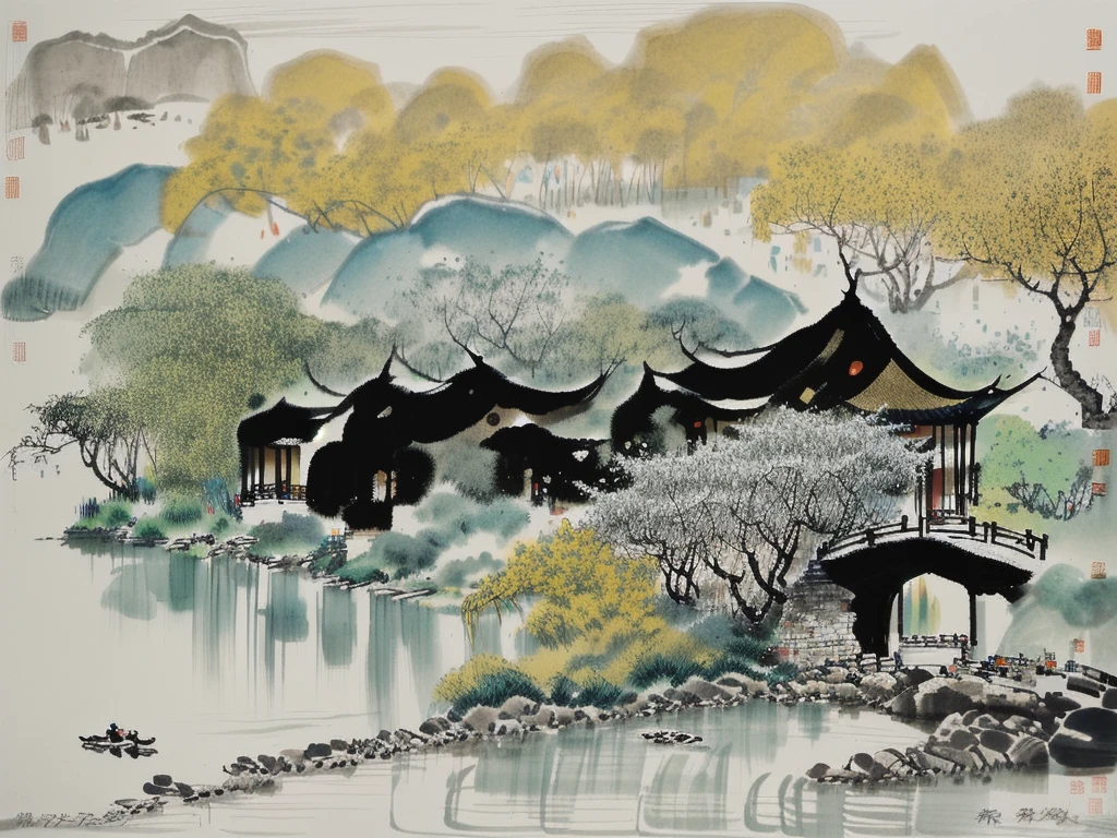 Landscape architecture，A pavilion by the water，Rich in artistic conception，Ink Painting，Chinese painting，Dense willow trees，Sparkling，Black and White