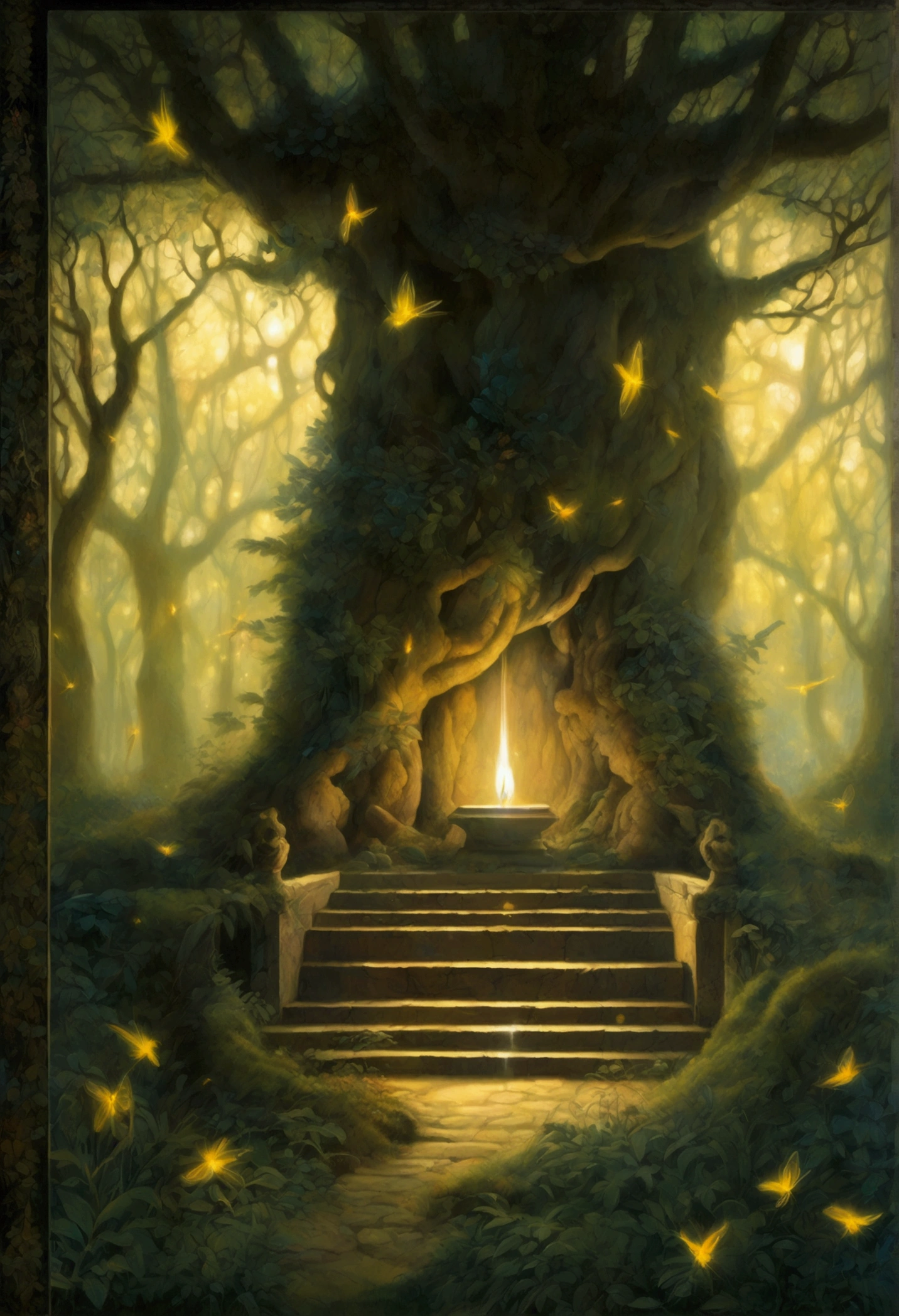 In a dense, mystical forest with towering trees and glowing foliage, an ancient stone altar surrounded by dancing fireflies features a perfume bottle radiating magical light. Mythical creatures like unicorns and fairies are drawn to its glow, inspired by Salvador Dalí and René Magritte.