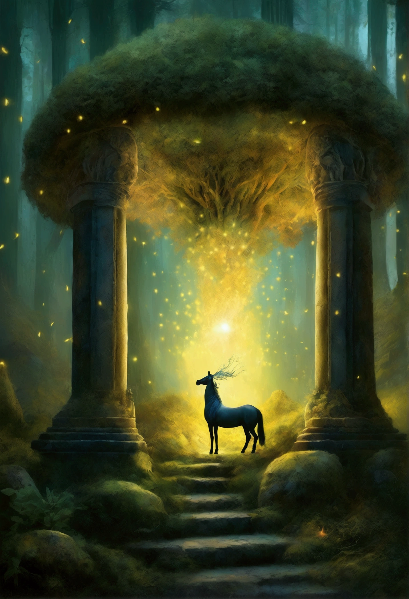 In a dense, mystical forest with towering trees and glowing foliage, an ancient stone altar surrounded by dancing fireflies features a perfume bottle radiating magical light. Mythical creatures like unicorns and fairies are drawn to its glow, inspired by Salvador Dalí and René Magritte.