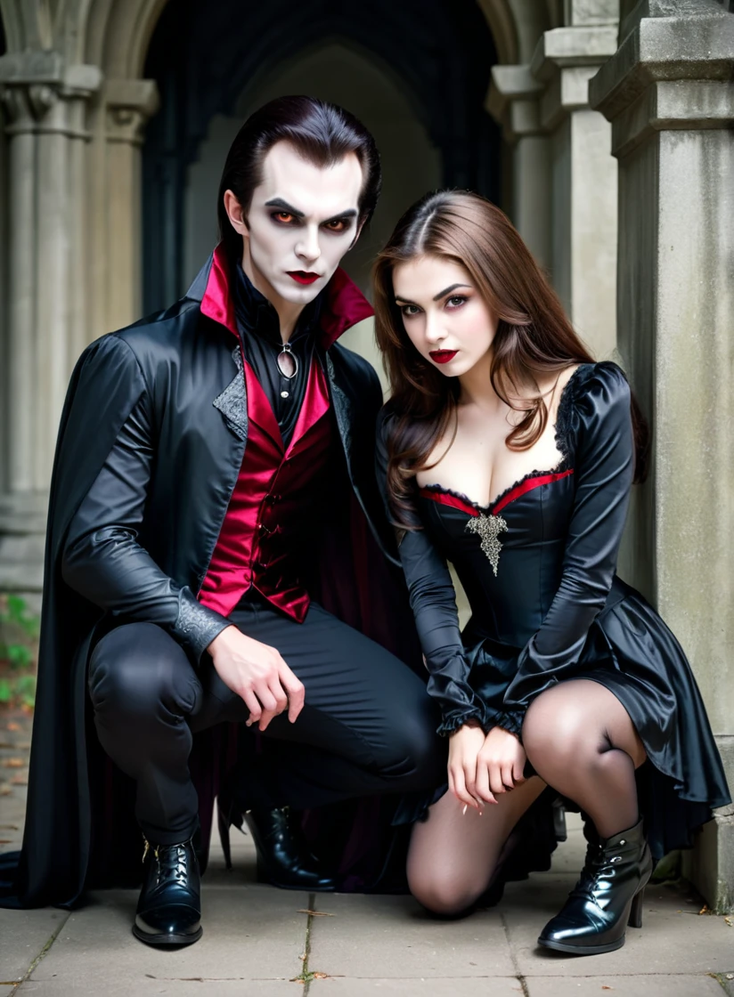 a vampire man crouching next to an attractive human age woman cladly dressed,
