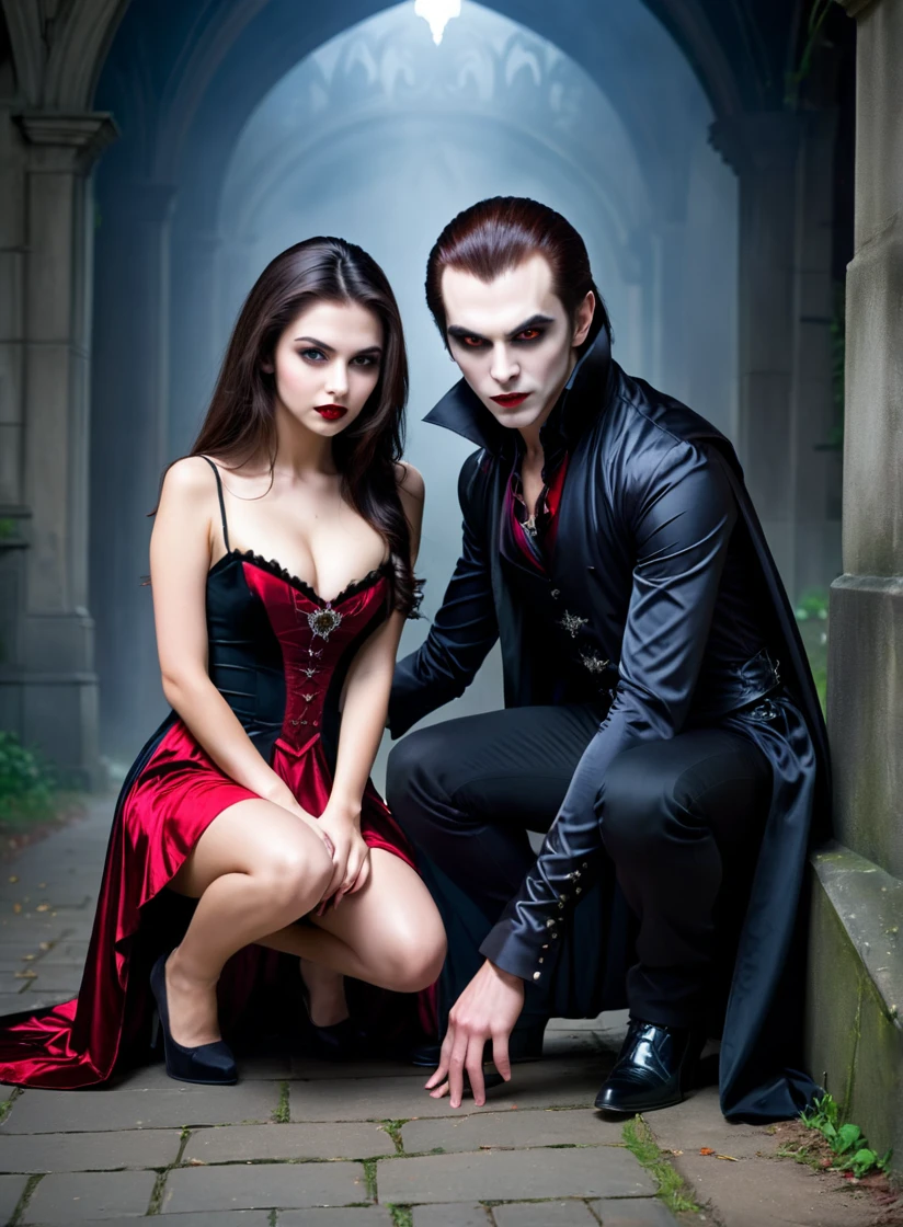 a vampire man crouching next to an attractive human age woman cladly dressed,