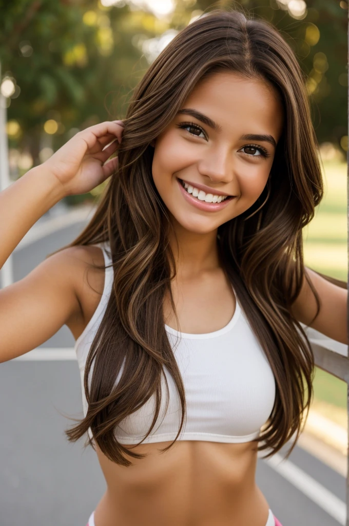 Girl in heaven with light brown hair black eyes and big smile and fit Daniela 