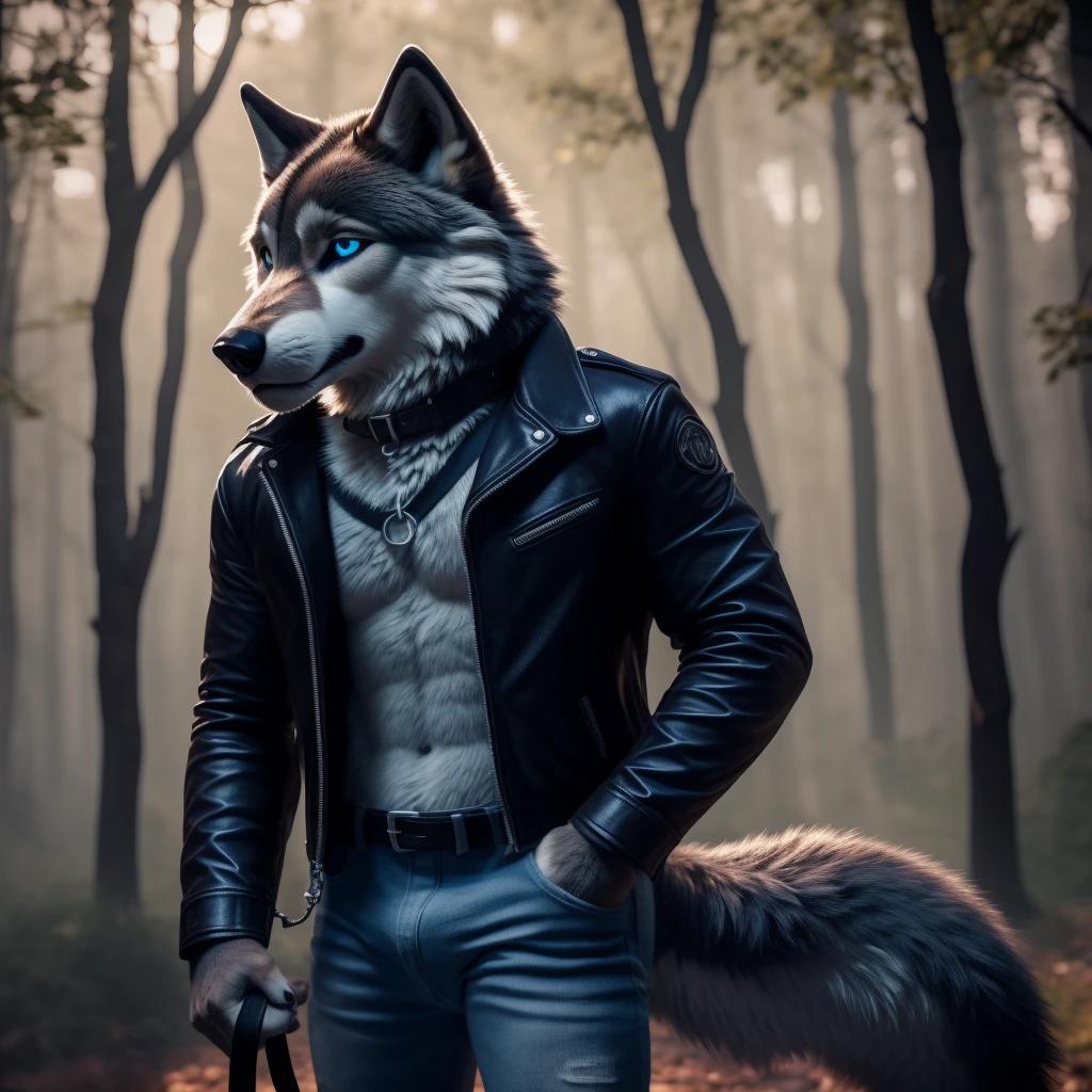 Male, 30 years old, cute, eyeliner, very sad expression, open open, black leather jacket, anthro, wolf ears, (black fur:1.5), wolf, forest background, 8k, hi res, (best quality, masterpiece), (wolf tail:1.5), detailed fur, solo, leash and collar, blue jeans, blue eyes,