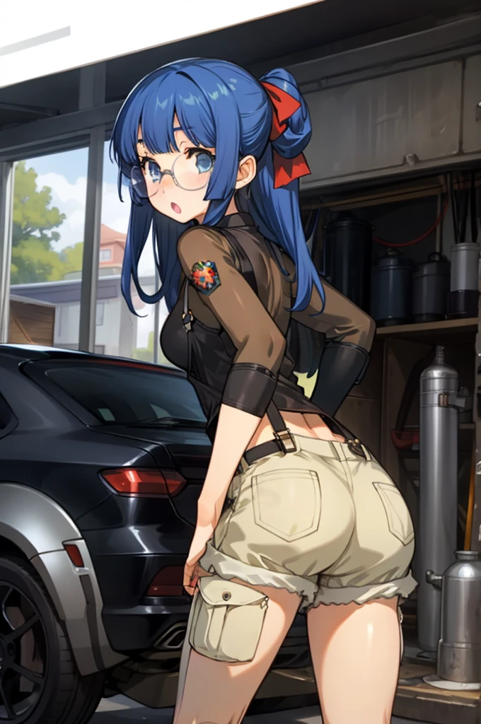 1girl, masterpiece, best quality, highly detailed, illustration, maria custard, indoors, garage, standing, overalls, from behind, looking back, ass, leaning forward, gears, mechanic, glasses, hair ribbon, :o, shorts