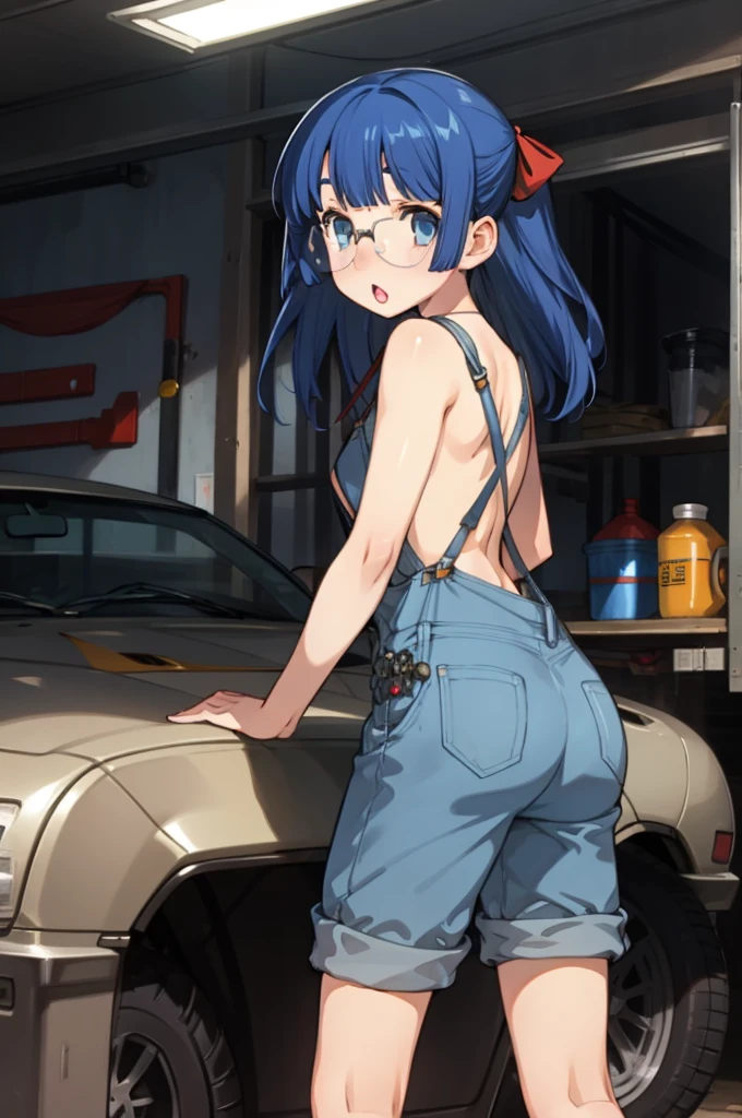 1girl, masterpiece, best quality, highly detailed, illustration, maria custard, indoors, garage, standing, overalls, from behind, looking back, ass, leaning forward, gears, mechanic, glasses, hair ribbon, :o, shorts