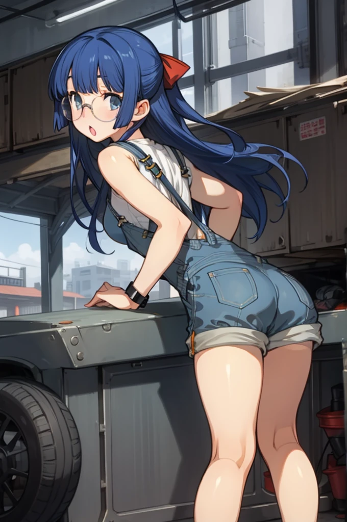 1girl, masterpiece, best quality, highly detailed, illustration, maria custard, indoors, garage, standing, overalls, from behind, looking back, ass, leaning forward, gears, mechanic, glasses, hair ribbon, :o, shorts