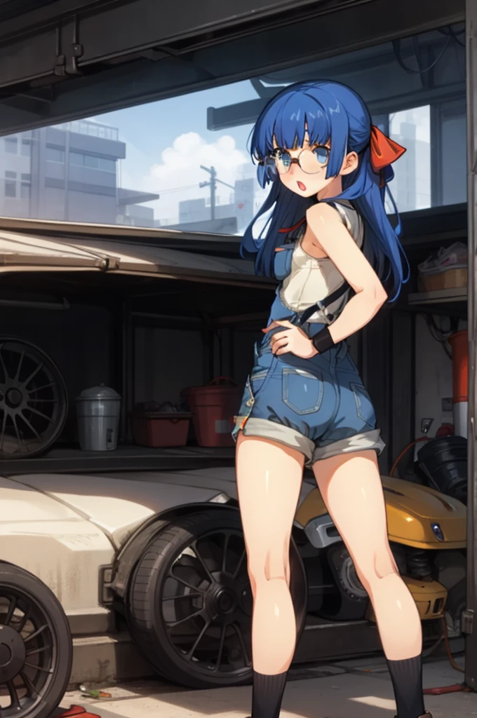 1girl, masterpiece, best quality, highly detailed, illustration, maria custard, indoors, garage, standing, overalls, from behind, looking back, ass, leaning forward, gears, mechanic, glasses, hair ribbon, :o, shorts