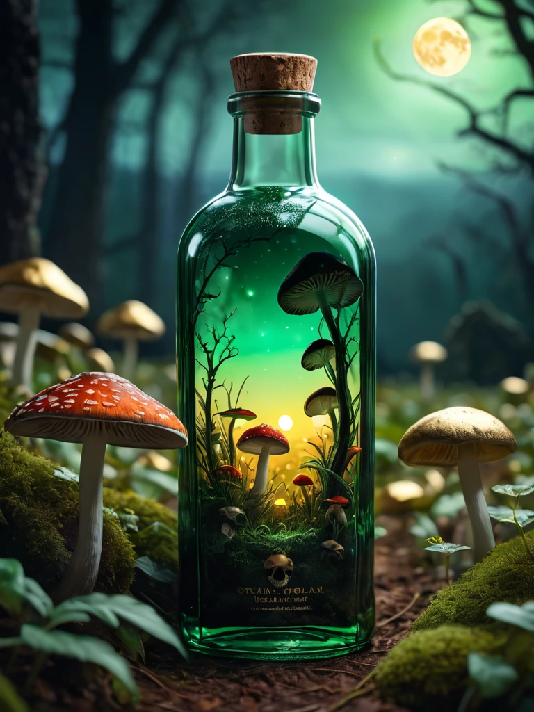 a masterpiece in detailled glass bottle, green and gold scarabée, mushroom fields, dark and ghostly background, moon, (best quality,4k,8k,highres,masterpiece:1.2),ultra-detailed,(realistic,photorealistic,photo-realistic:1.37),HDR,UHD,studio lighting,ultra-fine painting,sharp focus,physically-based rendering,extreme detail description,professional,vivid colors,bokeh,dark fantasy,macabre,moody atmosphere,cinematic lighting