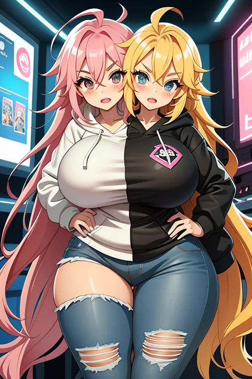 2heads, a short thick woman with 2 heads. In a game room. Cute. Long messy pink hair. Young. Wearing an unzipped hoodie. Wearing ripped jeans. Cute. Small. Blushing. Happy. Huge erect nipples.