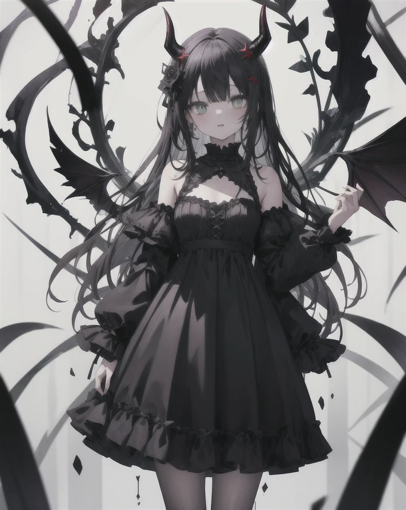 One girl,alone,grim aloe,Devil horns, black_dress,Are standing,Cowboy Shot,  Devil&#39;s Wings, albino,Wicked Smile, Mischievous face, Hands on hips, ojou-sama pose,  Devil&#39;s Tail,(Wicked Smile:1.1), ,,Dark shadowed face,Sadistic smile,Malice,Contempt,smile,latex,Bad face,,,two hands,two legs,five fingers,evil background,elbow gloves,latex, Wicked Smile, devilish aura (Shiny fabric:1.5),Dark world background,独奏,