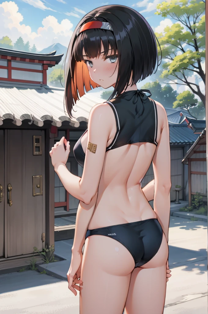 1girl, masterpiece, best quality, highly detailed, illustration, yuzuhara yuzumi, outdoors, village, east asian architecture, from behind, , serafuku, swimsuit under clothes, red hairband, annoyed, looking at viewer, 