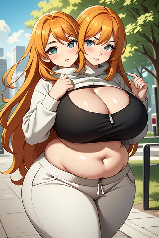 2heads, a short fat girl with 2 heads. She has massive fat breasts. She is extremely short. She has long straight orange hair. She is wearing an unzipped hoodie and sweatpants. She is extremely fat. She looks young. She is blushing. She has enormous breasts. She is outside in a park on a sunny day. She is very short and very fat. She has massive breasts. She has a beautiful soft face. She has a fat tummy. Her gigantic breasts are supported by her bra. She is wearing eyeliner.