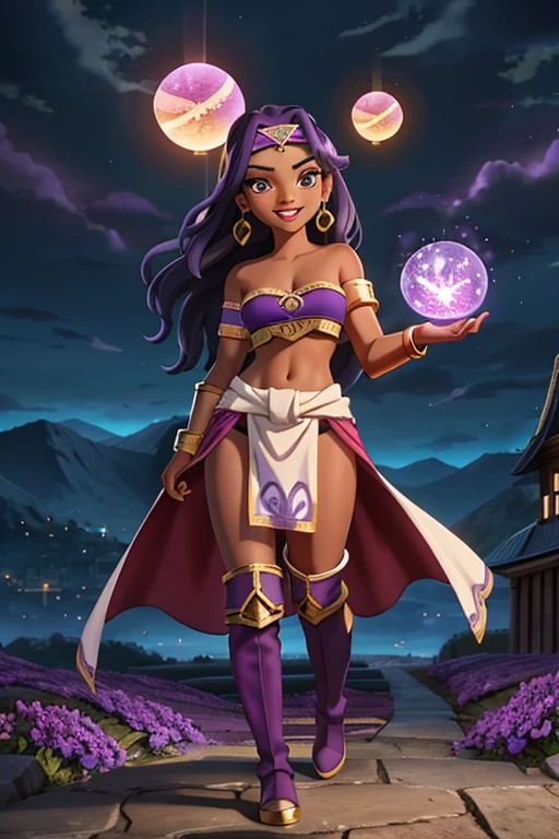 (best quality:1.3), (4K quality),masterpiece, best quality, high res, detailed, (Detailed face:1.2), (Detailed eyes:1.2), (Perfect figure:1.2), Fantasy style, Fantasy environment, solo, 1girl, BREAK 25 year old woman, sorceress, (Dark skin:1.5), purple hair, wavy hair, long hair, purple eyes, mascaras purple eyeshadow, smile, purple lipstick, covered in tattoos, medium breasts, waist, slender legs, attractive body, slim figure, perfect shape, (Wearing: golden headband, purple strapless top, purple loincloth, pelvic curtain, golden armlets, golden knee-high boots:1.3), BREAK highly detailed costume with intricate designs, looking at viewer, she's looking at the camera with an thrilled and confident smile, both hands glowing bright purple, purple magic, bright purple sparks in both hands, expressive expression, dark and mysterious aura, complex eye makeup, mystical energy radiating from her hands, electric purple orbs swirling around her, beautifully contoured face, fierce and confident posture, dark and dramatic lighting, vivid colors, intense purple and magenta color palette, individual spheres spinning at different speeds, translucent orbs emitting purple sparks, tracing of rays throughout the scene, illuminating the woman's silhouette with a mesmerizing glow, breathtaking visual effects, captivating and enchanting portrait, impressive level of detail in the woman's eyes and expression, attention to every intricate detail, BREAK (Night time, outdoors, stone temple, stone structures in the surroundings, dark clouds in the sky, purple lighting, gorgeous view of the mountainous valley)
