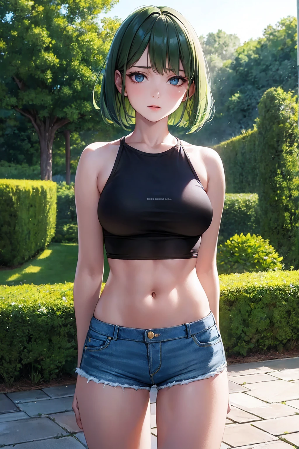 Masterpiece,stunning realistic, best quality, sharpness, 1 girl,14 years old,long bobcut,(green hair:1),(messy hair:1),dark blue eyes,(arms behind back:1),standing in a garden,tanktop,denim shorts,medium large breasts